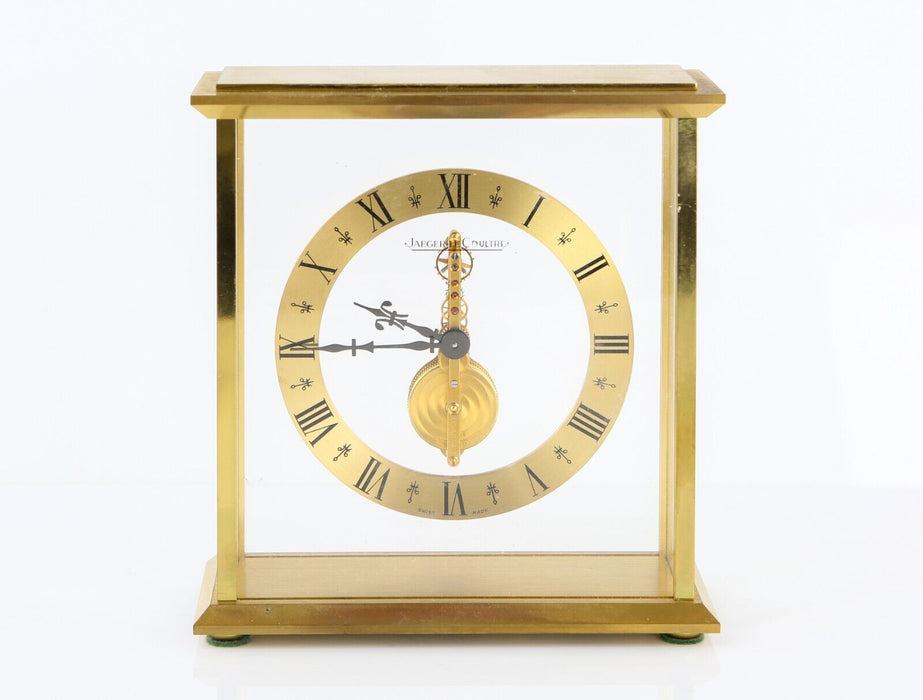 JAEGER LECOULTRE GILT/BRASS SKELETON 16-JEWEL MANTEL CLOCK, BOXED