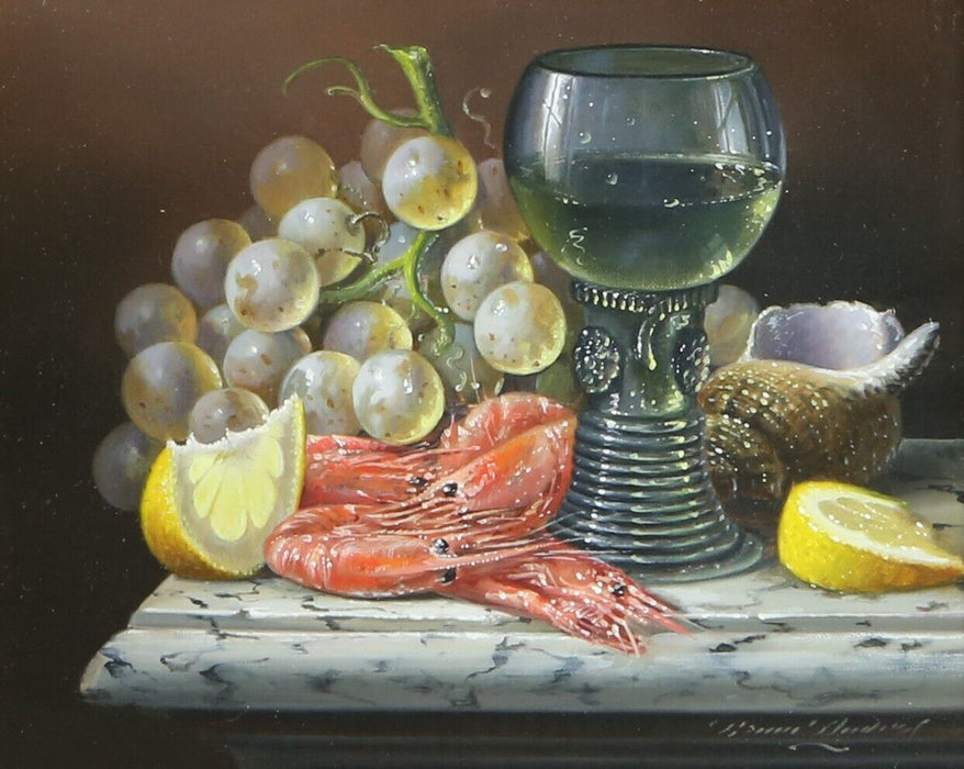 BRIAN DAVIES, STILL LIFE WITH WINE FRUIT PRAWNS, ORIGINAL OIL PAINTING, SIGNED