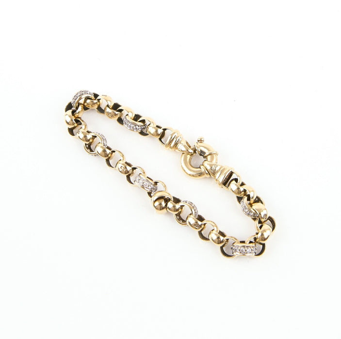 9ct YELLOW GOLD & WHITE STONE BELCHER CHAIN LINK BRACELET, 23.1g, STAMPED, 22cm