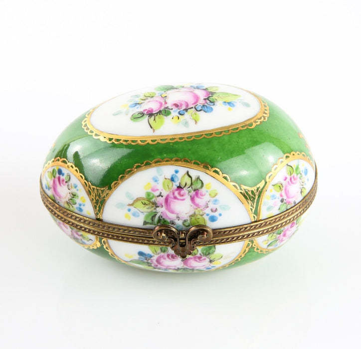 LIMOGES, FRANCE GREEN FLORAL EGG SHAPED ENAMEL PILL TRINKET BOX