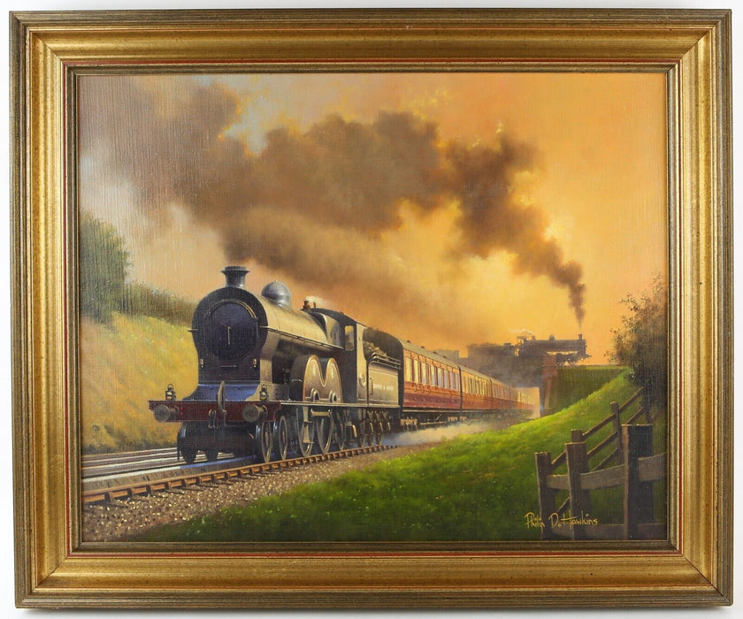 PHILIP D HAWKINS, 'LANKY FLYER', LOCOMOTIVE RAILWAY TRAIN, OIL PAINTING, SIGNED