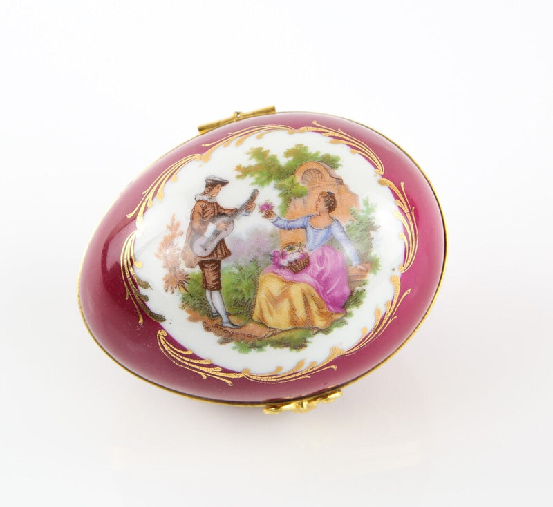 LIMOGES, FRANCE BURGANDY MUSICAL SCENE FRAGONARD EGG ENAMEL TRINKET PILL BOX