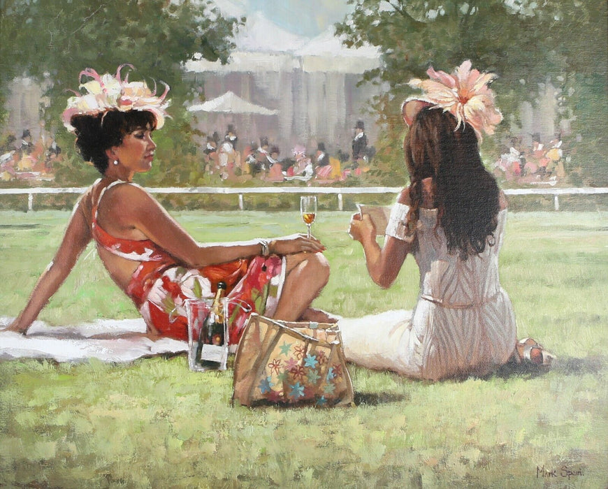 MARK SPAIN, 'FRIENDS AT ASCOT', HORSE RACES, LARGE ORIGINAL OIL PAINTING, SIGNED