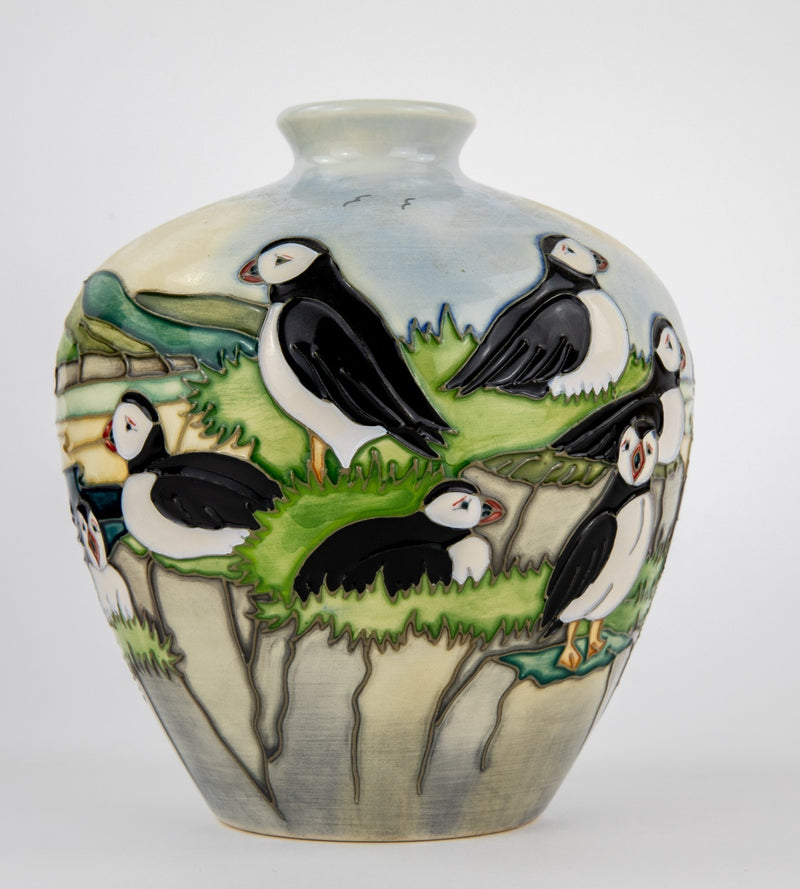 MOORCROFT POTTERY 'PUFFIN' 1997 CAROL LOVATT OVOID VASE, BOXED