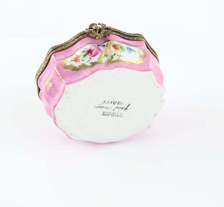 LIMOGES, FRANCE PINK FLORAL CERAMIC LIDDED PILL TRINKET BOX