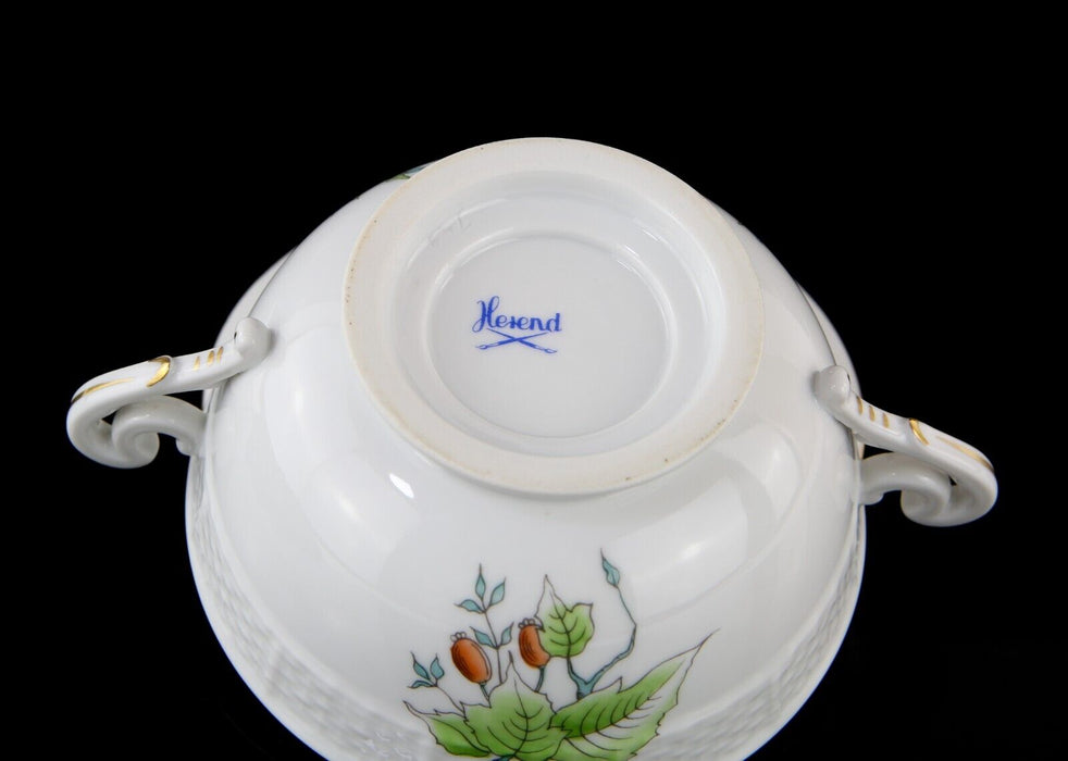 HEREND HUNGARY FLORAL HANDLED LIDDED ROUND SUGAR BOWL TRINKET BOX