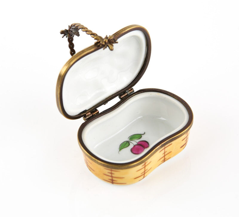 LIMOGES, FRANCE FRUIT PICNIC BASKET ENAMEL TRINKET PILL JEWELLERY BOX