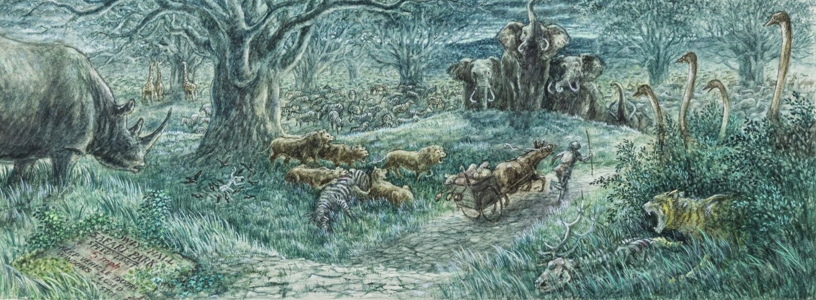 GRAHAM OAKLEY - FIGURE AND CART RUNNING FROM ANIMALS, WATERCOLOUR ARTWORK