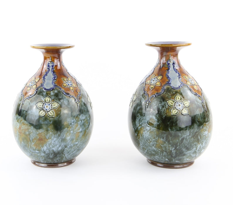 PAIR OF ROYAL DOULTON ART NOUVEAU FLORAL STONEWARE BALUSTER VASES