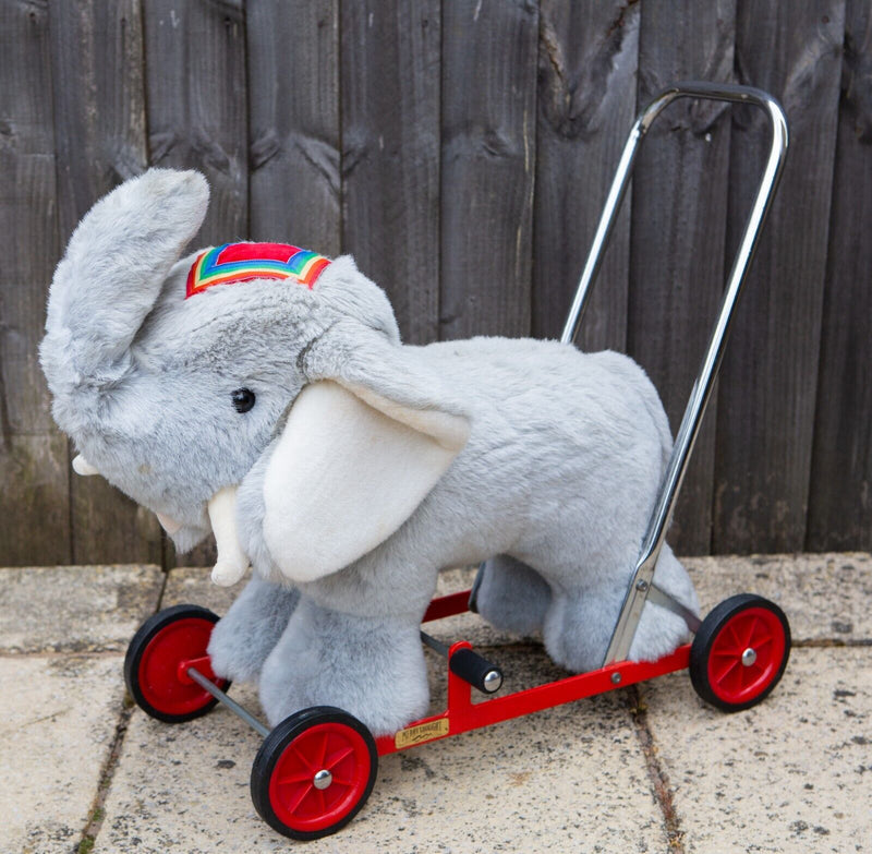 MERRYTHOUGHT 'RIDE ON ELEPHANT' VINTAGE PUSH-ALONG TEDDY BEAR TOY ON WHEELS