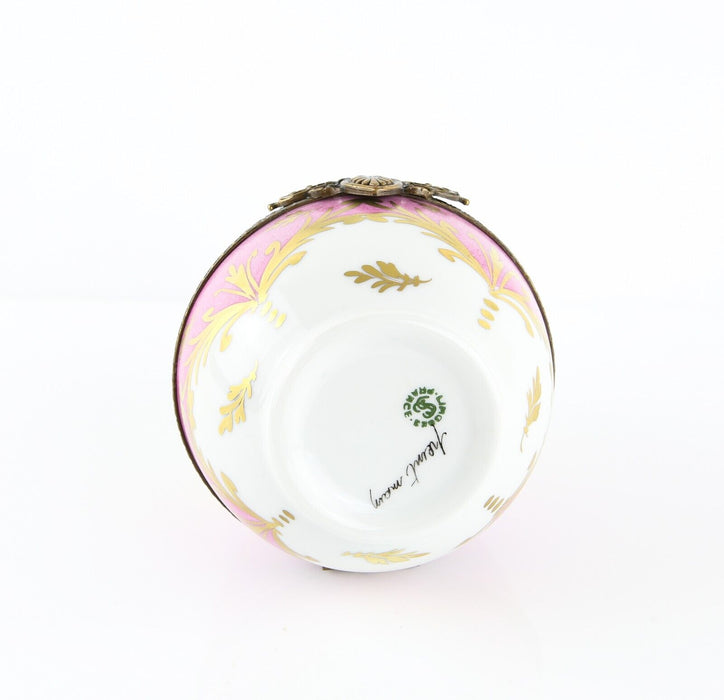 LIMOGES, FRANCE PINK FLORAL LARGE EGG SHAPED ENAMEL PILL TRINKET BOX