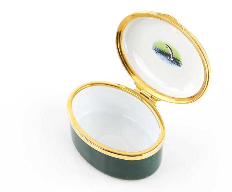 STAFFORDSHIRE FISHING NATURE SCENE ENAMEL TRINKET PILL JEWELLERY BOX