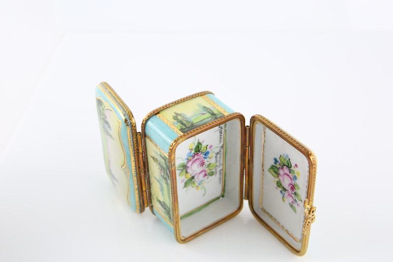 LIMOGES, FRANCE ENAMEL LANDSCAPE SCENE BLUE DOUBLE SIDED RECTANGULAR PILL BOX