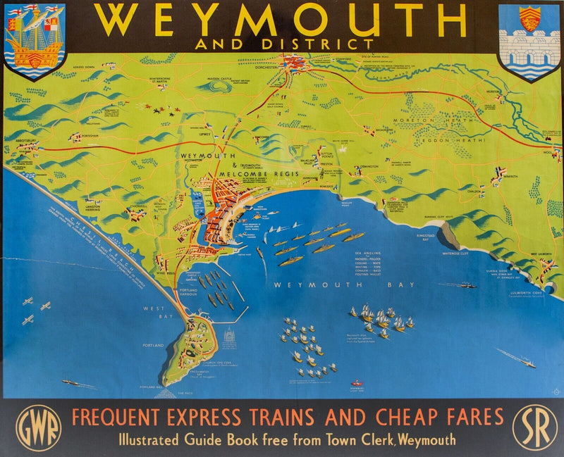WEYMOUTH & DISTRICT - ORIGINAL SOUTHERN RAILWAY SR GWR ADVERTISING TRAVEL POSTER