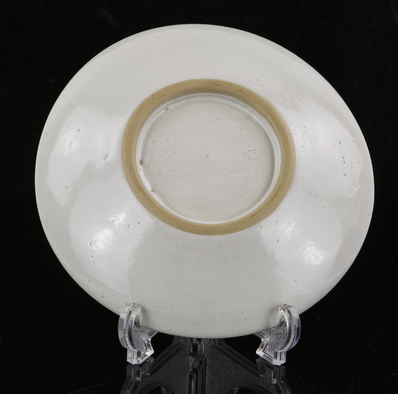 LUCIE RIE - SPECKLED WHITE & MANGANESE STONEWARE STUDIO POTTERY PLATE, SIGNED