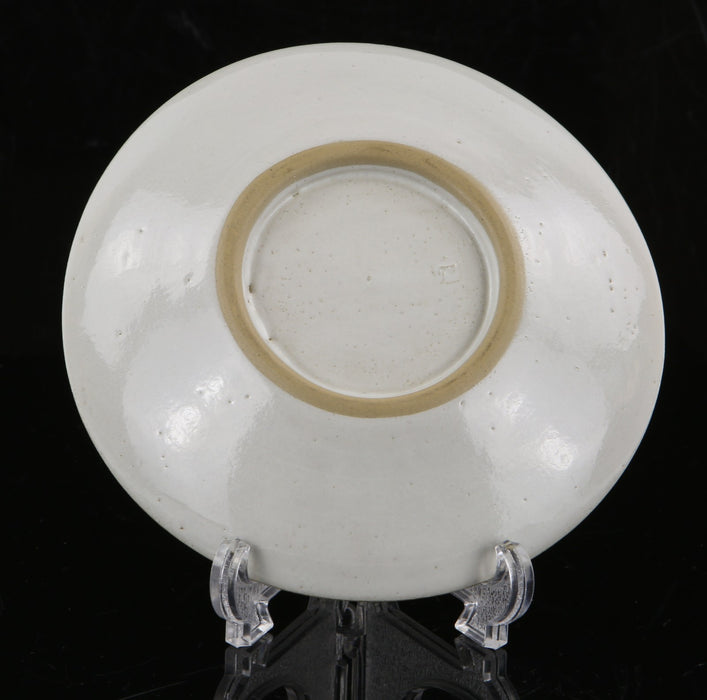 LUCIE RIE - SPECKLED WHITE & MANGANESE STONEWARE STUDIO POTTERY PLATE, SIGNED