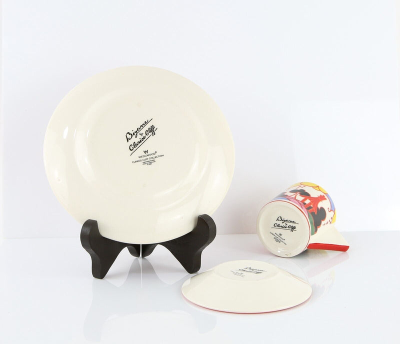 CLARICE CLIFF BY WEDGWOOD 'SUMMERHOUSE' CONICAL COFFEE SAUCER & PLATE TRIO SET