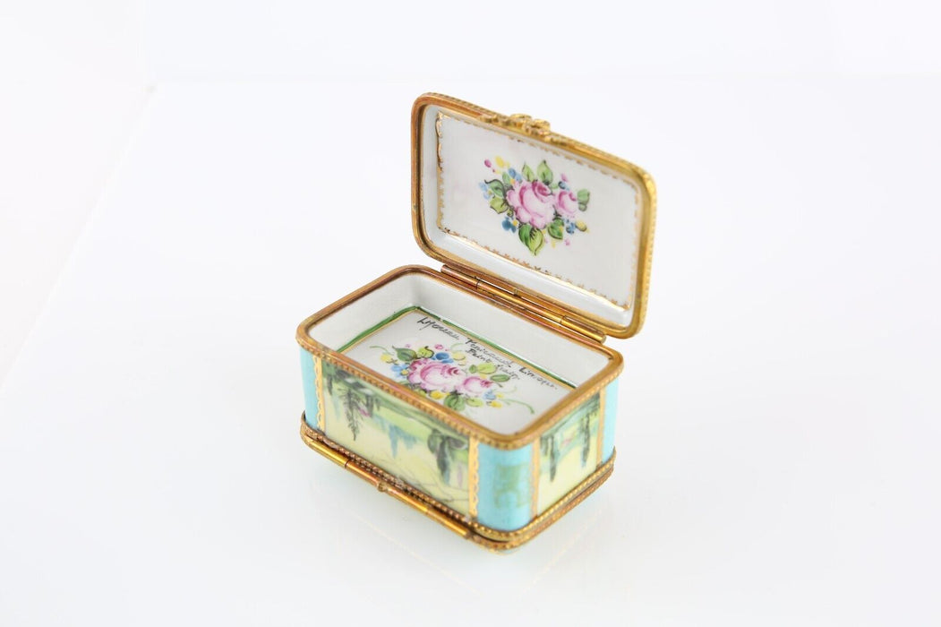 LIMOGES, FRANCE ENAMEL LANDSCAPE SCENE BLUE DOUBLE SIDED RECTANGULAR PILL BOX