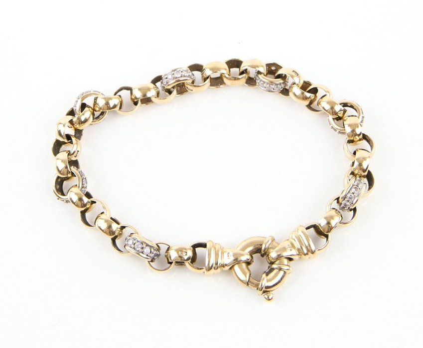 9ct YELLOW GOLD & WHITE STONE BELCHER CHAIN LINK BRACELET, 23.1g, STAMPED, 22cm