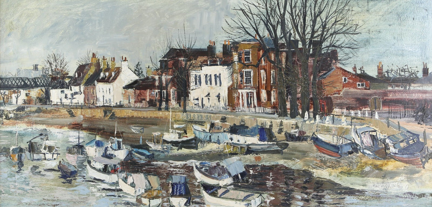 JEREMY KING, RIVER THAMES WITH BOATS, LARGE ORIGINAL OIL PAINTING, SIGNED