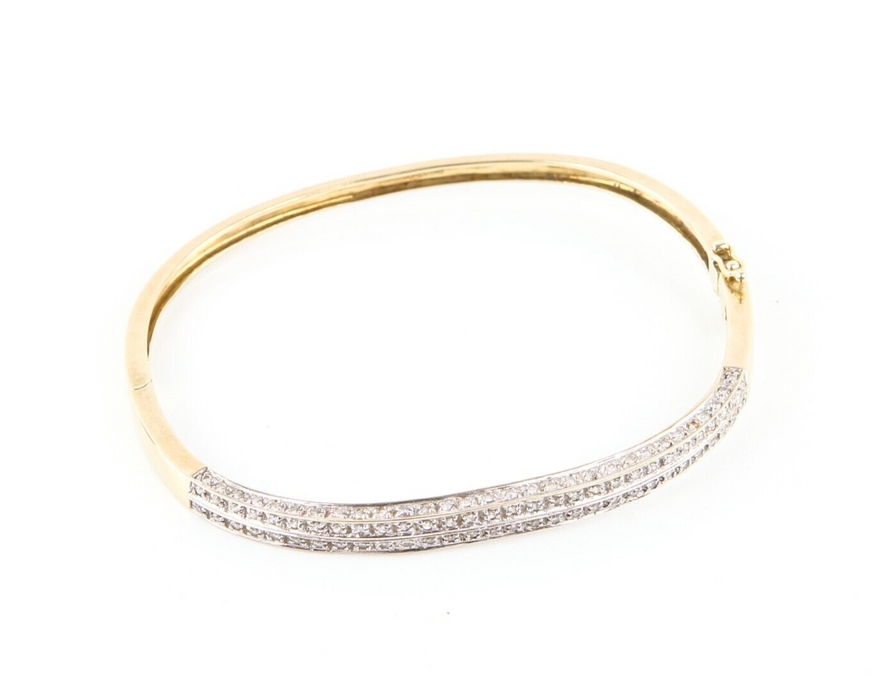 9ct YELLOW GOLD & DIAMOND HINGED BANGLE BRACELET, 10.8g, STAMPED