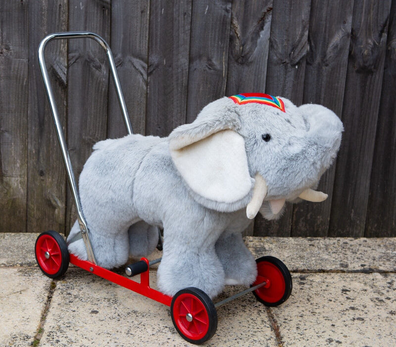 MERRYTHOUGHT 'RIDE ON ELEPHANT' VINTAGE PUSH-ALONG TEDDY BEAR TOY ON WHEELS