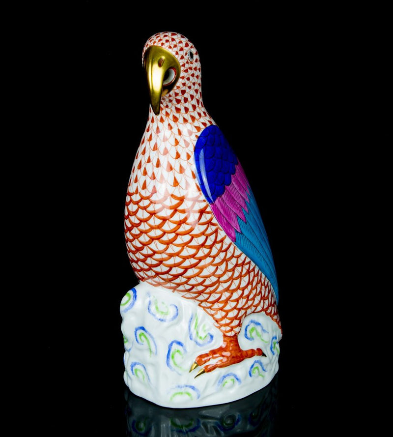 HEREND, HUNGARY 'PARROT' LARGE RUST RED FISHNET GILT BIRD FIGURE MODEL 5007