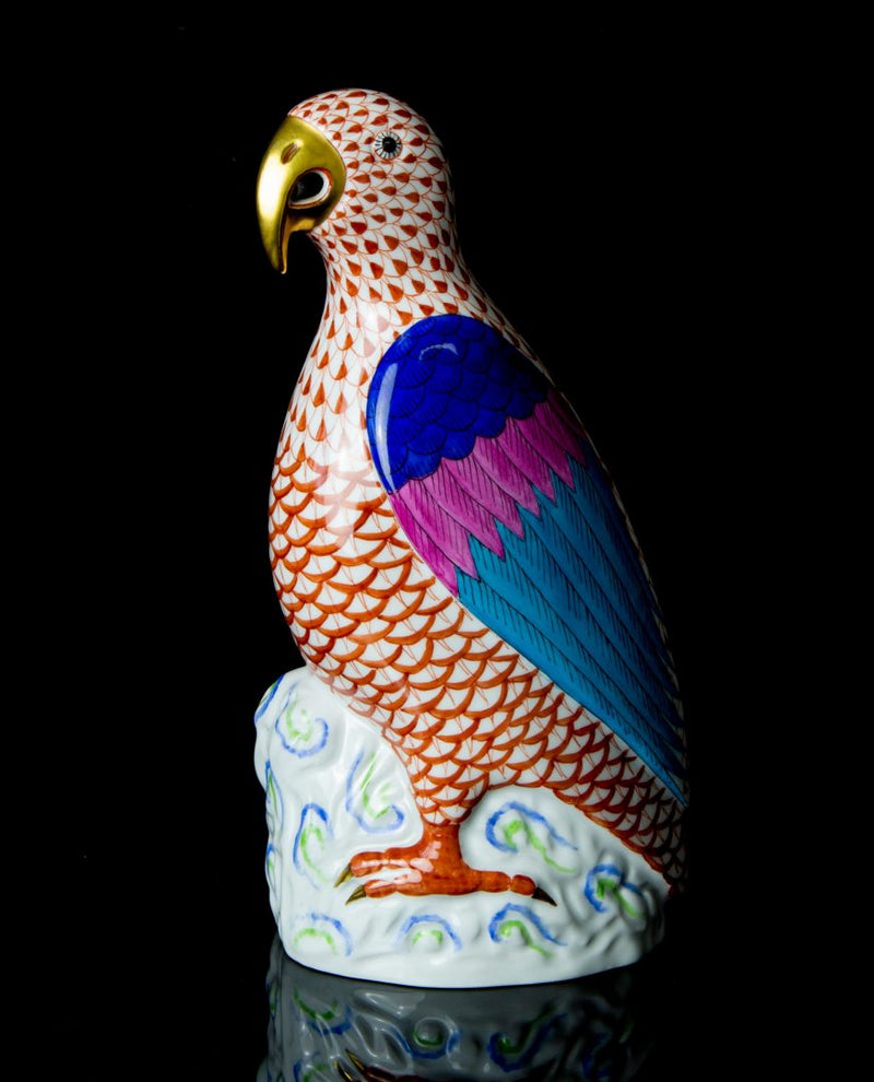 HEREND, HUNGARY 'PARROT' LARGE RUST RED FISHNET GILT BIRD FIGURE MODEL 5007