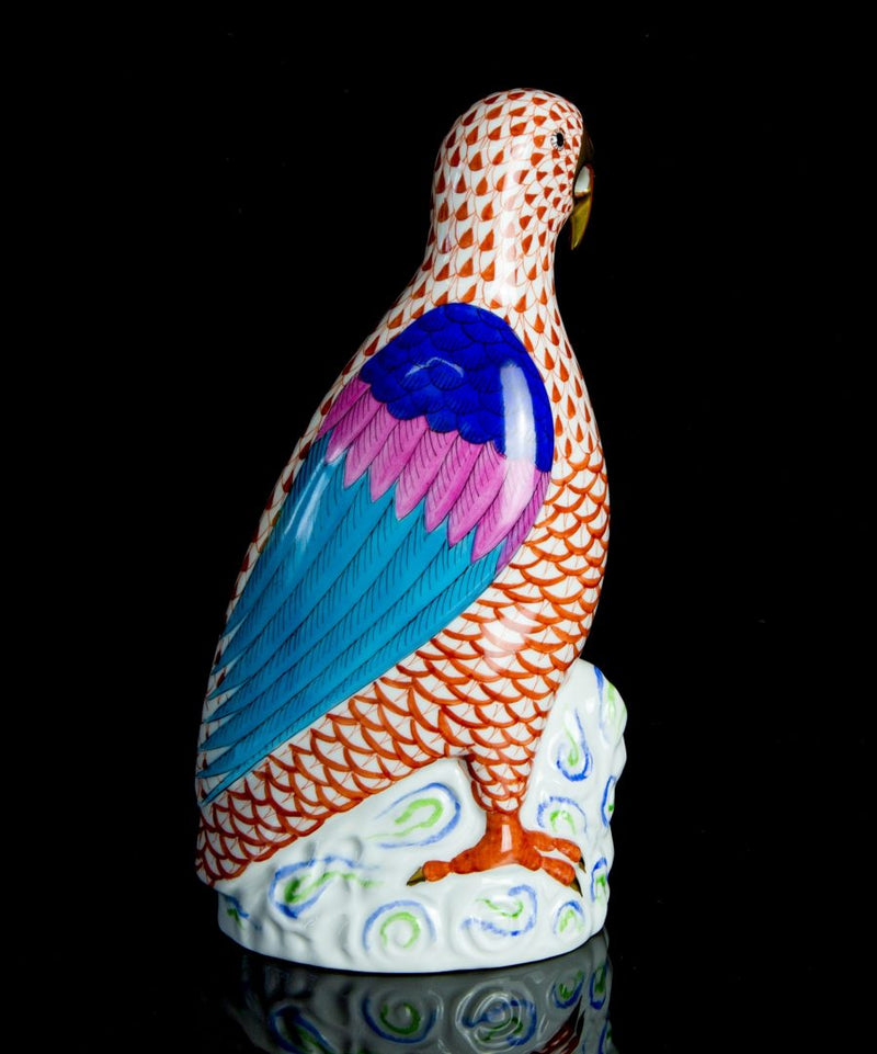 HEREND, HUNGARY 'PARROT' LARGE RUST RED FISHNET GILT BIRD FIGURE MODEL 5007