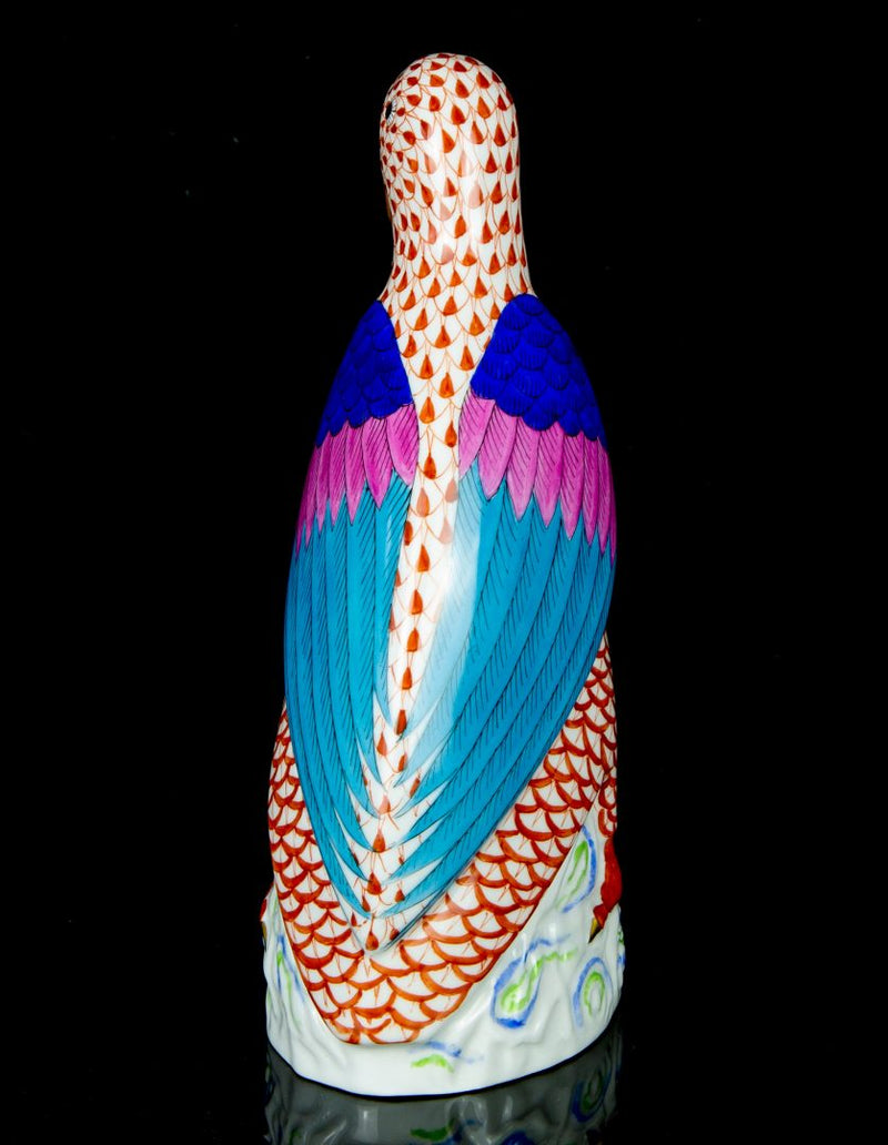 HEREND, HUNGARY 'PARROT' LARGE RUST RED FISHNET GILT BIRD FIGURE MODEL 5007