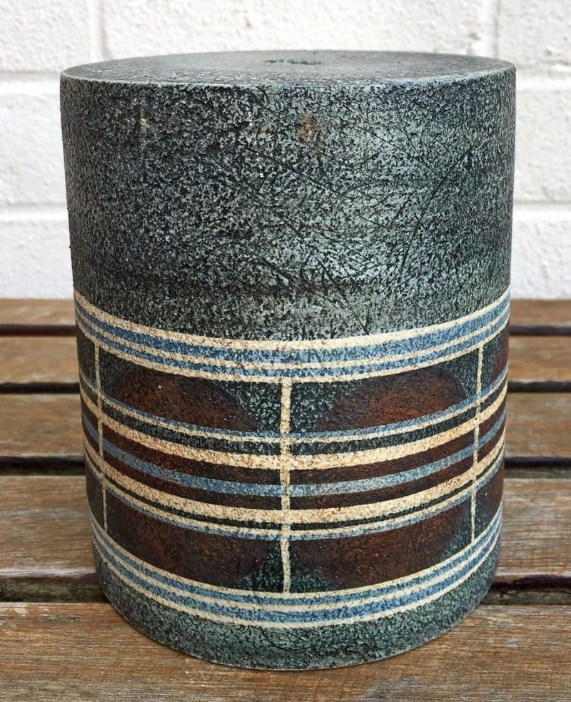 ALISON BRIGDEN for TROIKA POTTERY - GREY/BLUE CIRCLE DRUM CYLINDER LAMP BASE VASE
