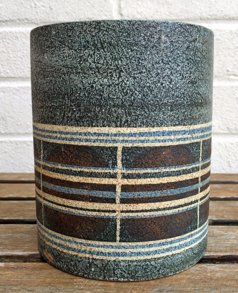 ALISON BRIGDEN for TROIKA POTTERY - GREY/BLUE CIRCLE DRUM CYLINDER LAMP BASE VASE