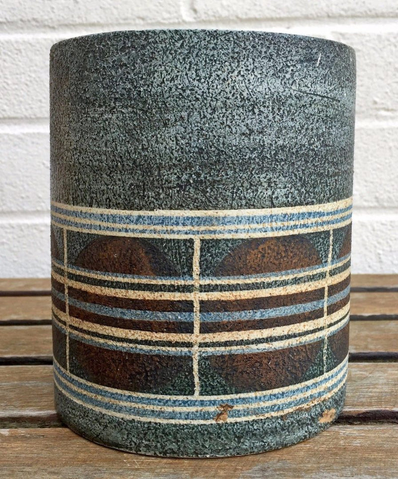 ALISON BRIGDEN for TROIKA POTTERY - GREY/BLUE CIRCLE DRUM CYLINDER LAMP BASE VASE