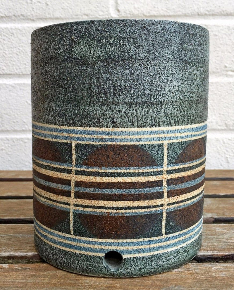 ALISON BRIGDEN for TROIKA POTTERY - GREY/BLUE CIRCLE DRUM CYLINDER LAMP BASE VASE