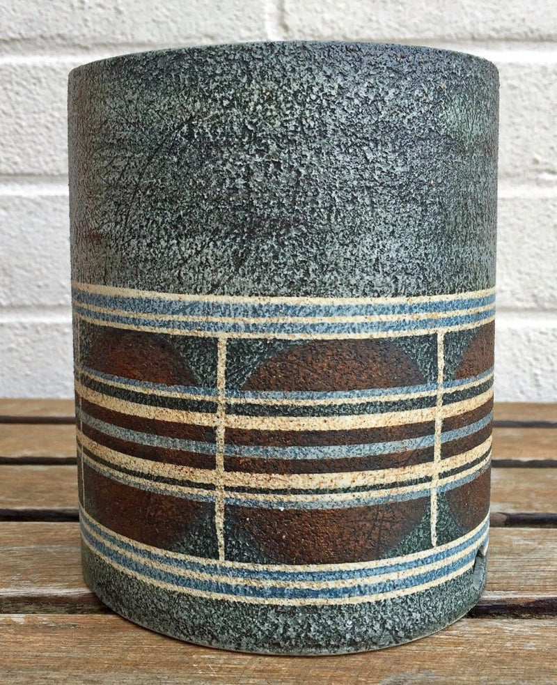 ALISON BRIGDEN for TROIKA POTTERY - GREY/BLUE CIRCLE DRUM CYLINDER LAMP BASE VASE
