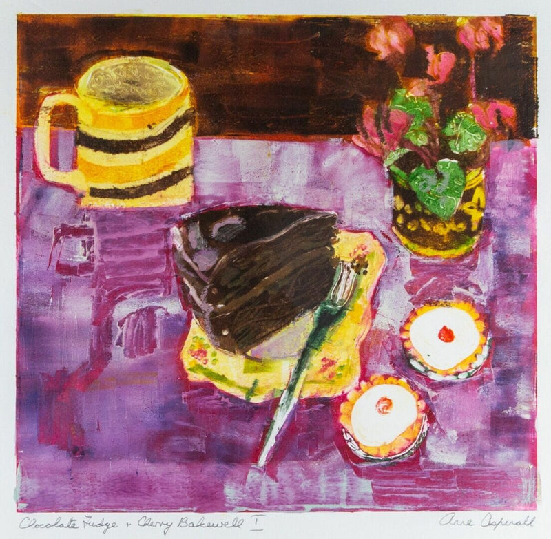 ANNE ASPINALL -CHOCOLATE FUDGE &amp; CHERRY BAKEWELL I- MIXED MEDIA PAINTING, SIGNED