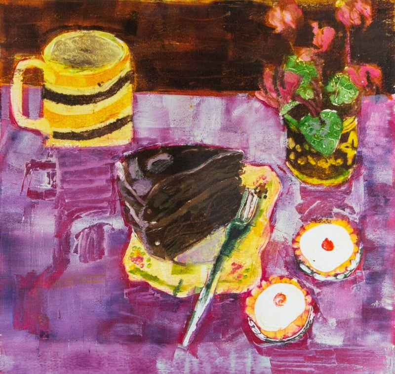 ANNE ASPINALL -CHOCOLATE FUDGE &amp; CHERRY BAKEWELL I- MIXED MEDIA PAINTING, SIGNED