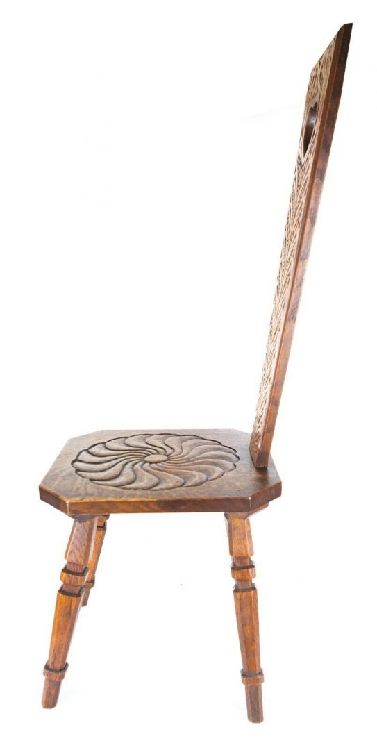 ANTIQUE 19th/20th CENTURY OAK SPINNING WHEEL &amp; CARVED SPINNERS CHAIR STOOL