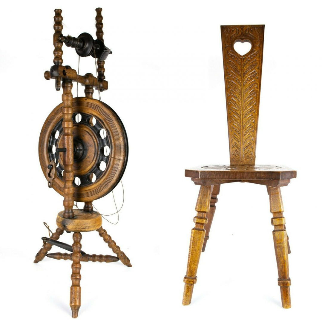 Antique 19Th/20Th Century Oak Spinning Wheel & Carved Spinners Chair ...