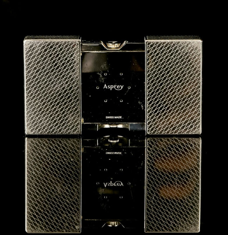ASPREY - ENGINE TURNED SILVER TONE CHROME DESK TRAVEL ALARM CLOCK