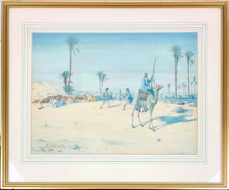 AUGUSTUS OSBORNE LAMPLOUGH, ARAB DESERT CAMEL FIGHTING SCENE, WATERCOLOUR, SIGNED