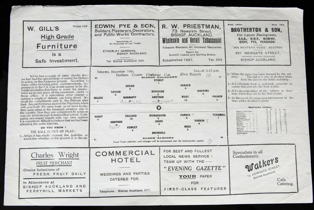 BISHOP AUCKLAND AFC v ELDON ALBIONS, 10/12/1949 DURHAM COUNTY CUP 1st ROUND PROGRAMME