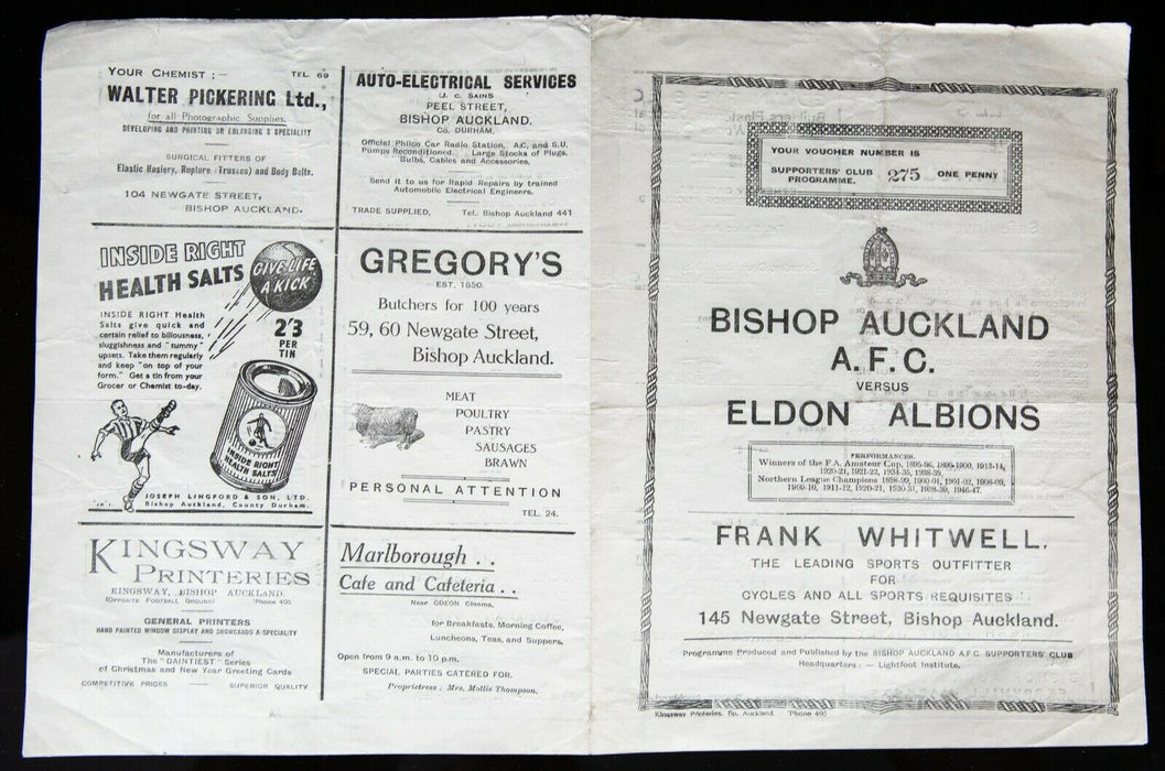 BISHOP AUCKLAND AFC v ELDON ALBIONS, 10/12/1949 DURHAM COUNTY CUP 1st ROUND PROGRAMME