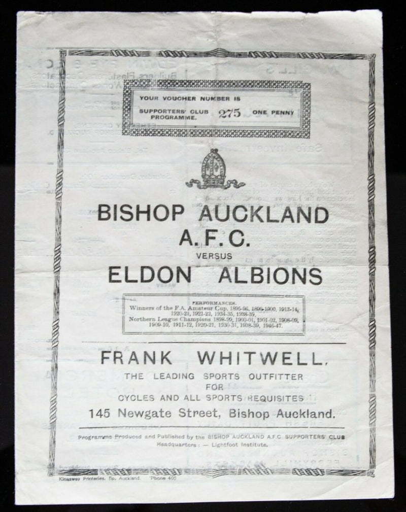 BISHOP AUCKLAND AFC v ELDON ALBIONS, 10/12/1949 DURHAM COUNTY CUP 1st ROUND PROGRAMME