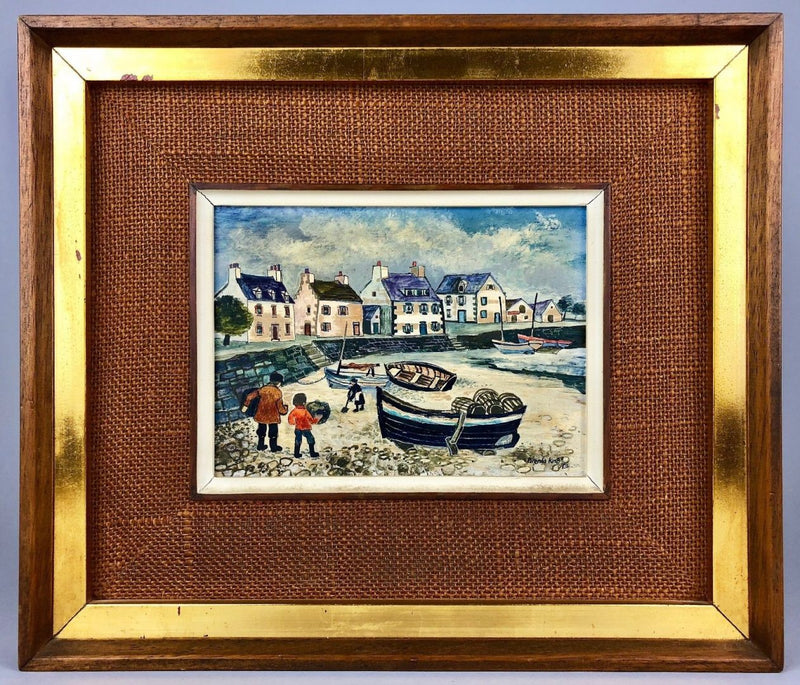 BRENDA KING 'BRETON BEACH, CAMARET' 1973 VILLAGE, OIL ON BOARD PAINTING, SIGNED