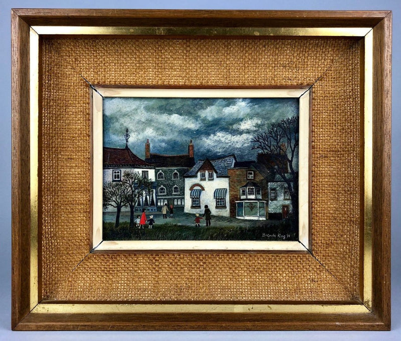 BRENDA KING 'BRIGHTON' 1977 COASTAL VILLAGE STREET, OIL ON BOARD PAINTING, SIGNED