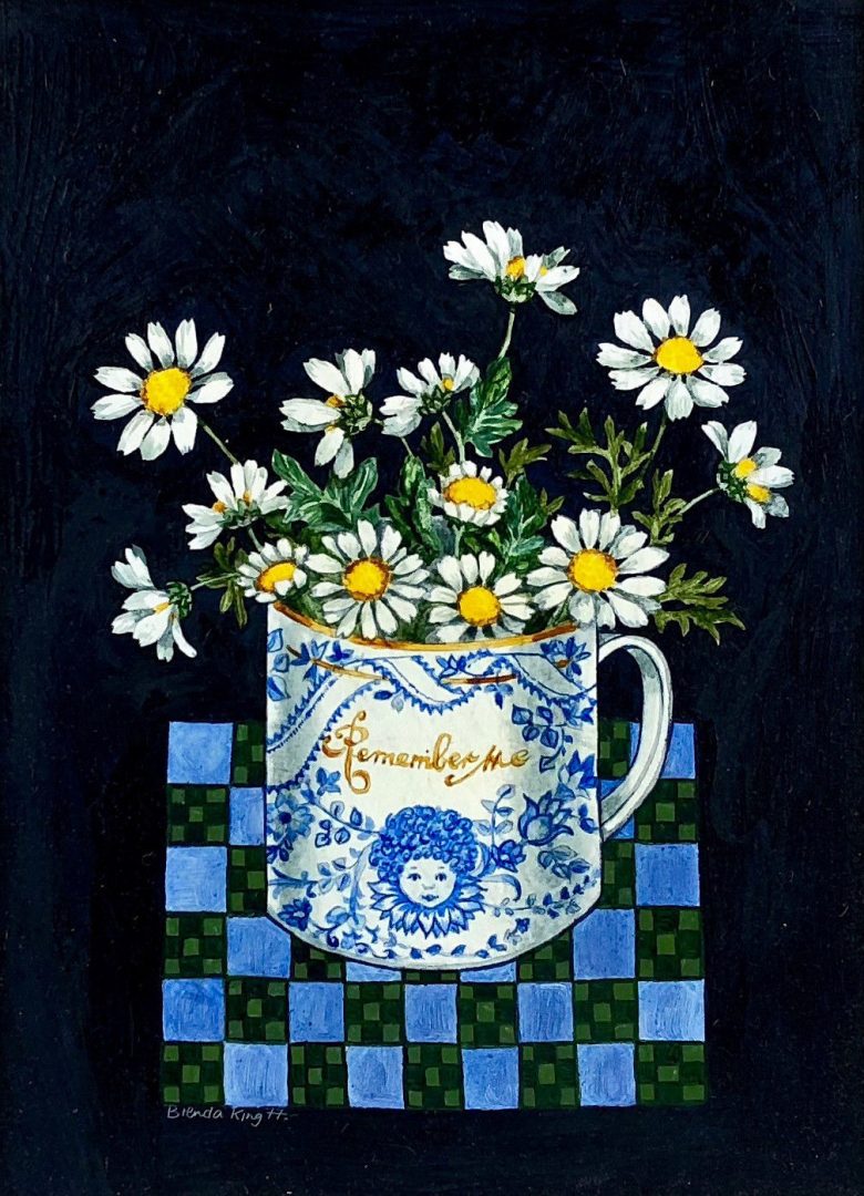 BRENDA KING 'DAISIES' 1977 STILL LIFE INTERIOR STUDY, OIL ON BOARD, SIGNED