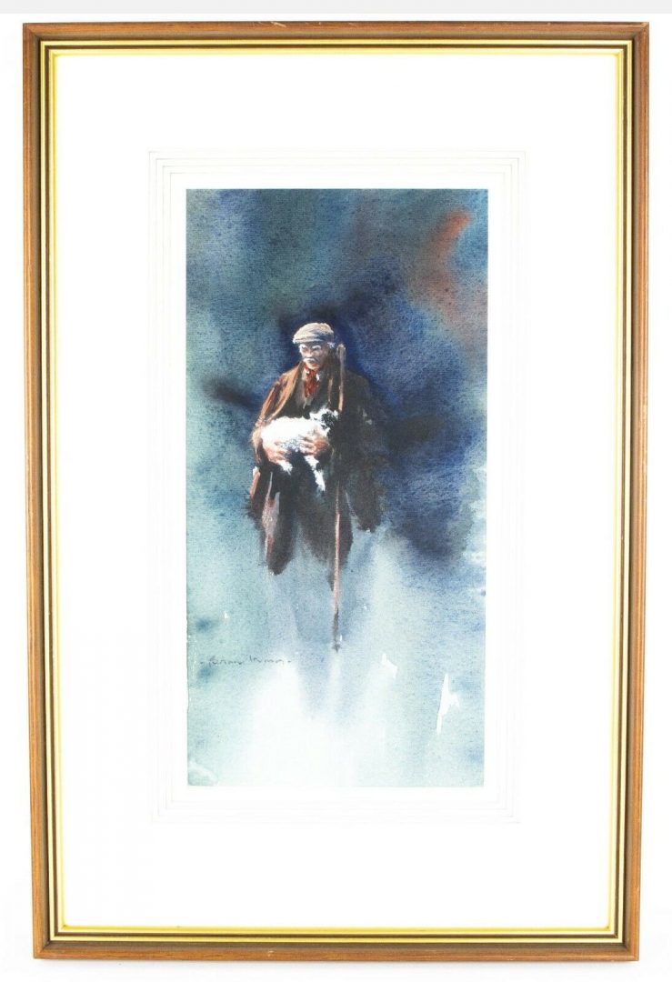 BRIAN IRVING (BRITISH, 1931-2013), FARMER CARRYING LAMB, WATERCOLOUR, SIGNED