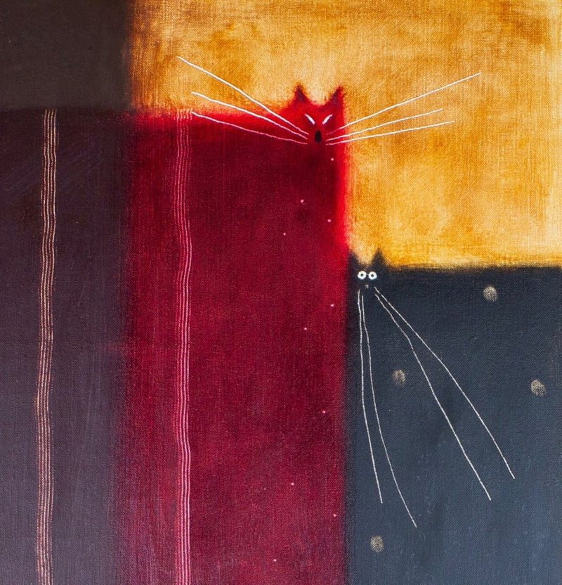 GOVINDER NAZRAN (BRITISH, 1964-2008) -TWO CATS- ORIGINAL OIL ON CANVAS, SIGNED