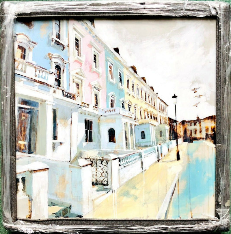 CAMILLA DOWSE (BRITISH, C20th) -SOLACE STREET- COASTAL TOWN SCENE, OIL ON BOARD PAINTING